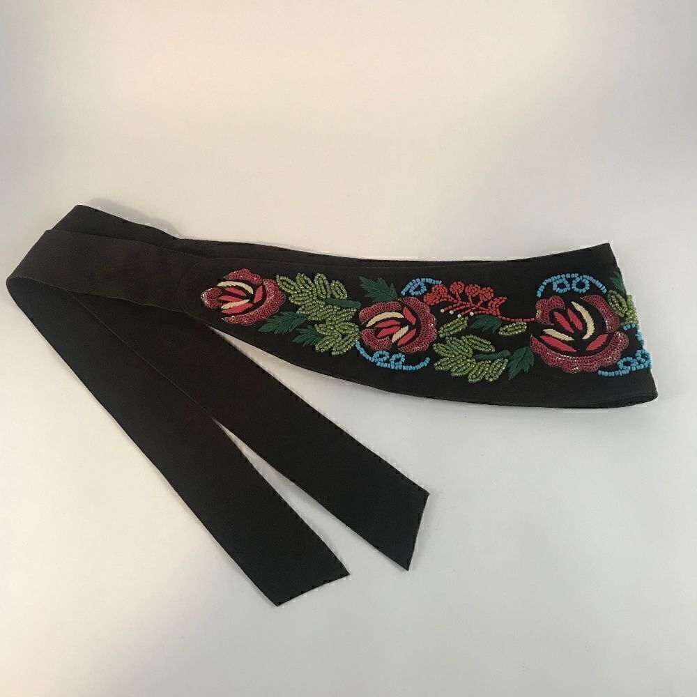 Ibisco Beaded & Embroidered Brown Suede Tie Belt